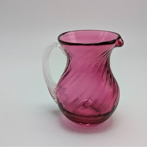 Pilgrim Swirl Cranberry Glass Creamer Pitcher Clear Handle Vintage - Picture 5 of 9